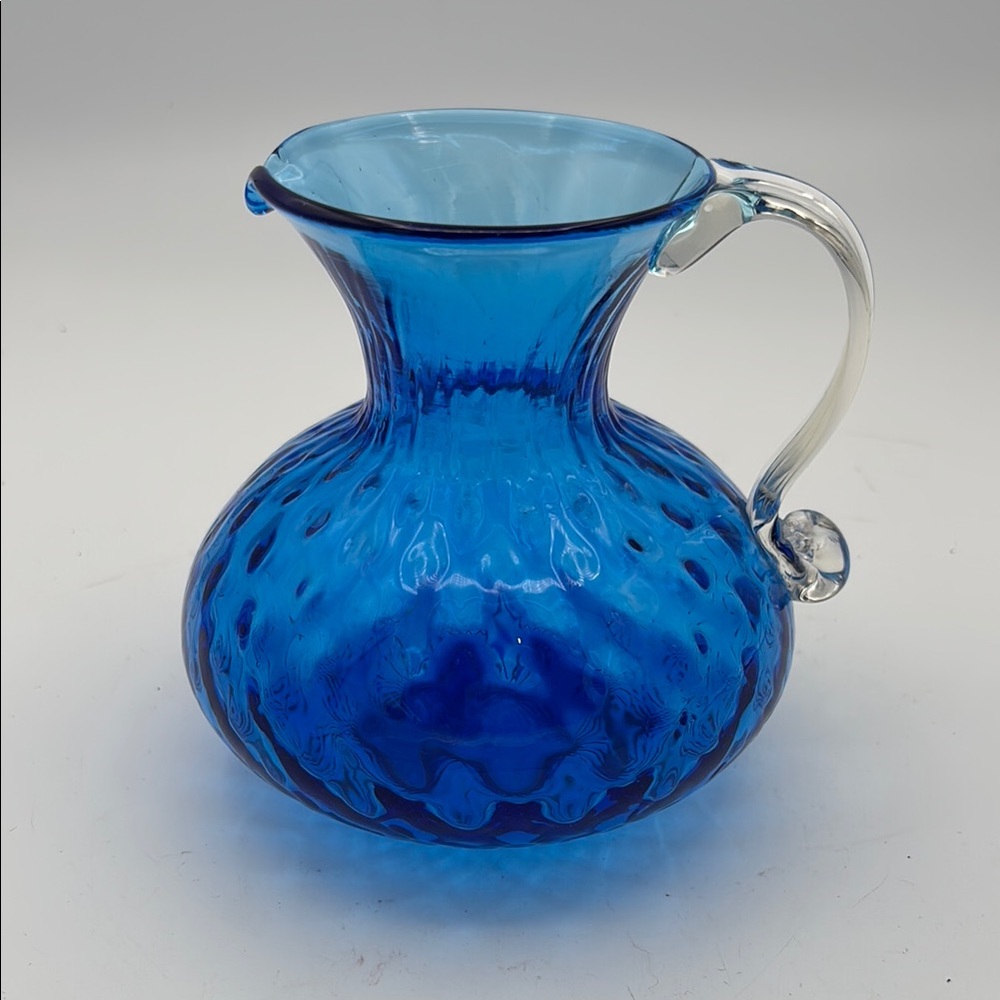 VTG Hand blown Cobalt Blue Quilted Diamond Pitcher w/ Applied Clear Glass Handle